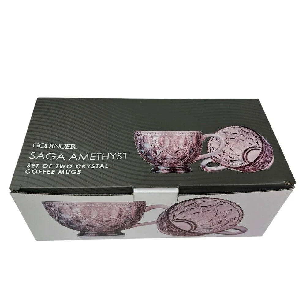 Godinger Saga Amethyst Coffee/Tea Mug Set of 2 Purple Embossed w/ Box